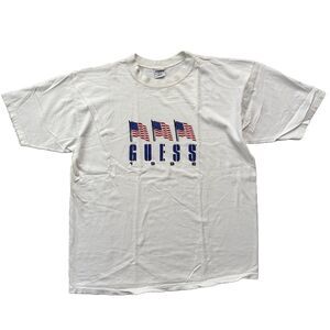 Vintage 90s Guess Jeans USA American Flags T-Shirt Adult XL White 1996